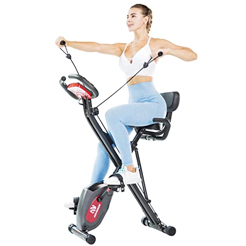 ADVENOR Exercise Bike Magnetic Bike Fitness Bike Cycle Folding Stationary Bike Arm Resistance Band With Arm Workout Backrest Extra-Large Seat Cushion Indoor Home Use (2 in 1 Standard Edition, black)