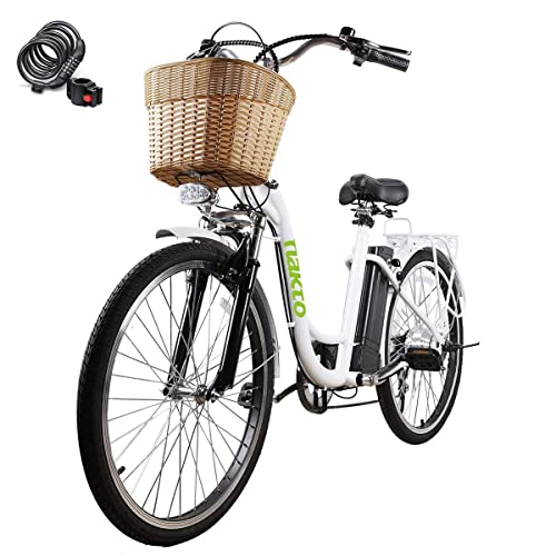 Nakto 26″ City Electric Bicycle-20 MPH-Up to 35 Miles, Electric Bike for Women with Removable 36V 10A Large Capacity Lithium Battery and Charger(26″ White)